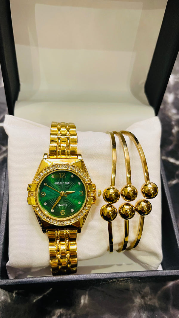 Chic Gold Watch & Double-Ball Bangle Duo