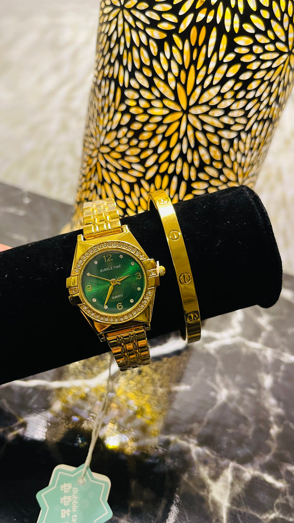 Emerald Green Dial Gold Watch & Bangle Set