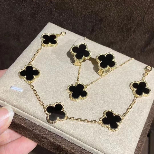 Complete Black Enamel Clover Jewelry Set - Necklace & 5 Pairs of Earrings