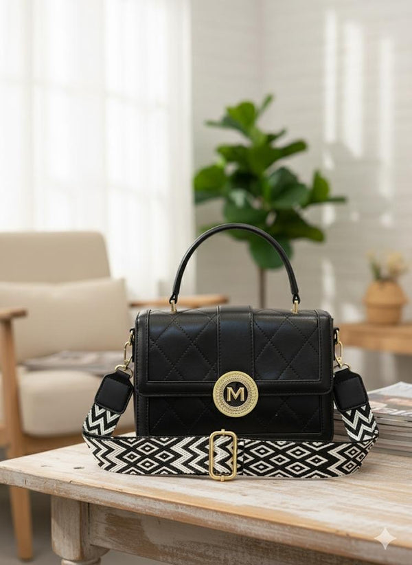 Quilted Black Leather Crossbody Bag – Gold Accent & Designer Strap