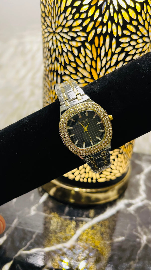 Royal Black & Gold Crystal Watch