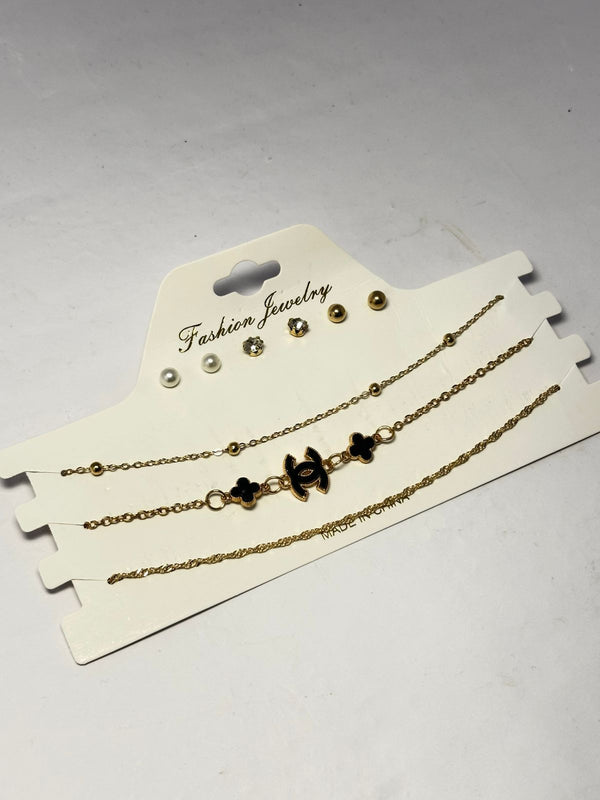 3-Piece Chic Layered Necklace Set with Stud Earrings - Black Clover & Double-C