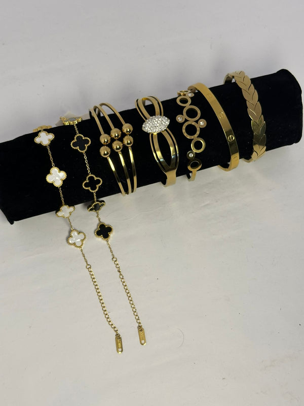 7-Piece Luxury Gold-Tone Bracelet Stack Set - Clover, Cuff, and Bangle Collection