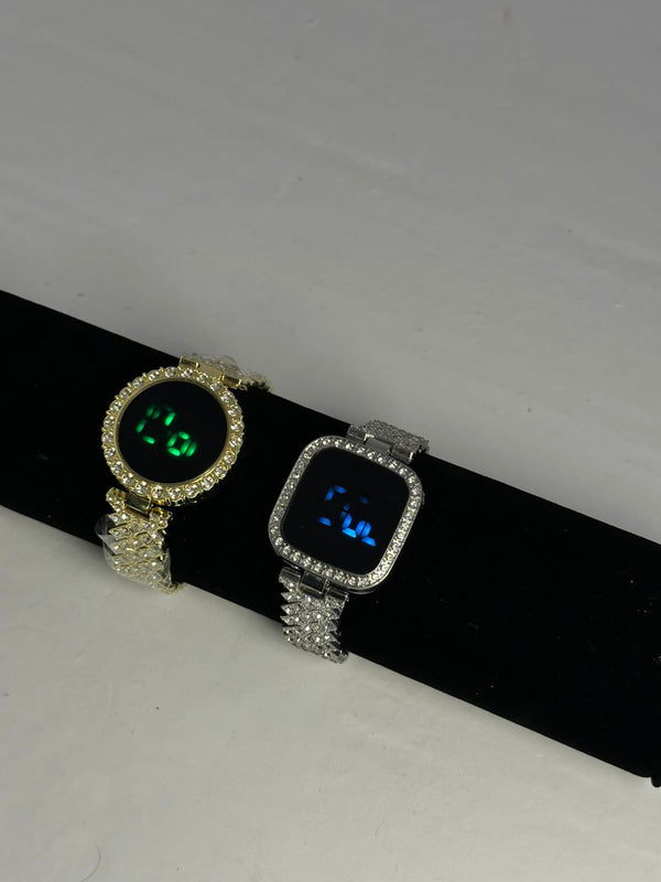 His & Hers Iced Out LED Digital Watch Set - Gold and Silver Bling Bracelet Watches