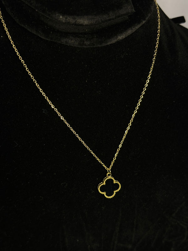 Dainty Black Clover Charm Necklace - Gold-Tone Beaded Frame