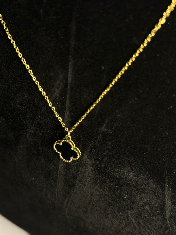 Chic Black Enamel Clover Necklace - Dainty Gold Beaded Frame
