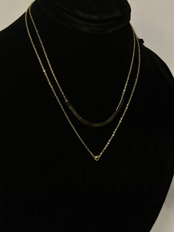 Modern Gold Layered Necklace - Bar & Ball Minimalist Double Chain